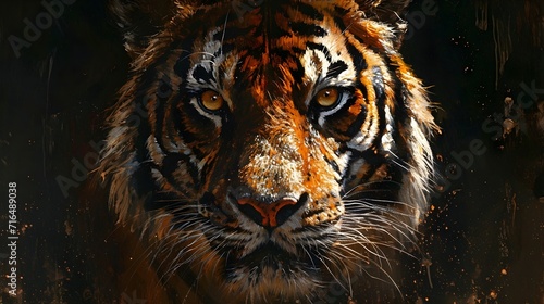 A portrait capturing a tiger in the shadows, its intense eyes locked onto the viewer in a Roman-style canvas painting