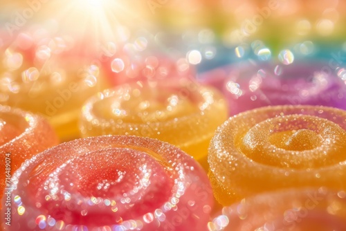 Multi-colored circles of luscious marmalade  glistening in the sun and surrounded by a sugar shimmer  creating a delectable scene on a pastel background