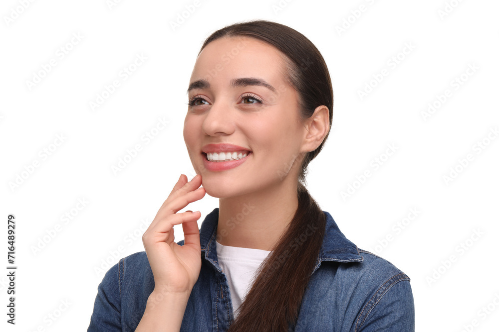 Young woman with clean teeth smiling on white background Young woman with clean teeth smiling on white background