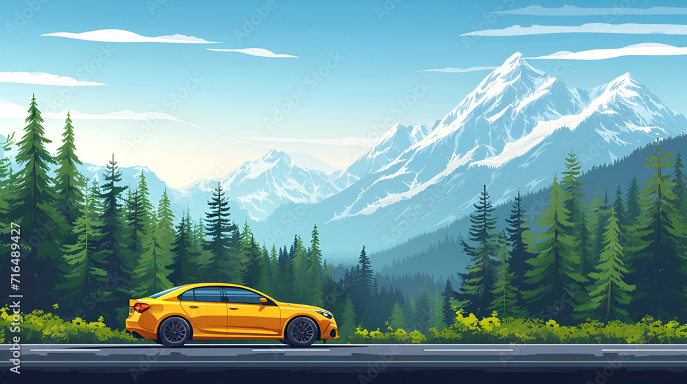 Illustration yellow car on the road in front of green forest and high mountains. Car loan and insurance background. - obrazy, fototapety, plakaty 