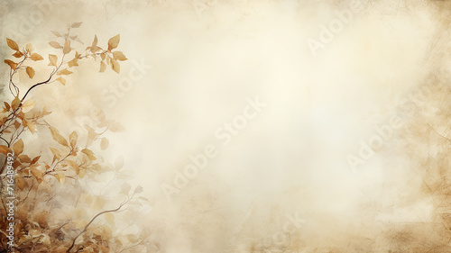backdrop is a beige delicate background with a frame of floral ornament, warm parchment color and autumn tree branches © kichigin19