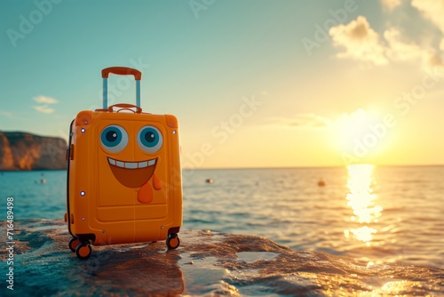 A bright large suitcase with eyes, a smiling mouth and handles against the backdrop of the sea and sun. Vacation, recreation and travel.