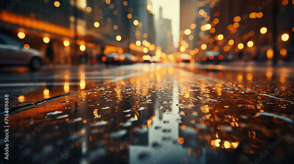golden lights of a blurred night city, abstract city life background, wet city reflections glare and bokeh