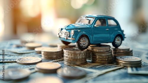 Small blue car driving up on the stack of money, financial status for buying a new car, car leasing, down payment and installments in the long term, car insurance concept photo