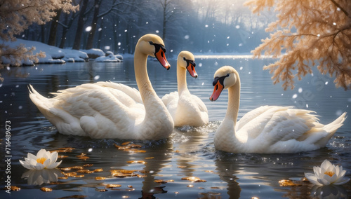 Fototapeta Naklejka Na Ścianę i Meble -  Three white swans swim in a lake