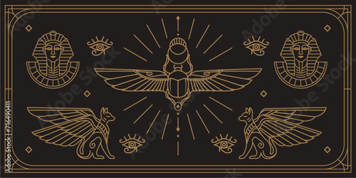 esoteric ancient egypt art decoration illustration with various symbol. collection of egyptian vintage art of pharaoh,cats and scarab wallpaper photo