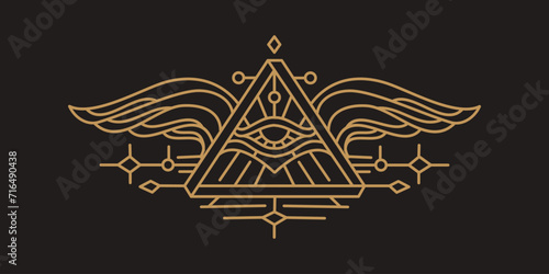 pyramid eye of horus with Sacred scarab wings wall art design in outline design. egytian art design illustration wallpaper