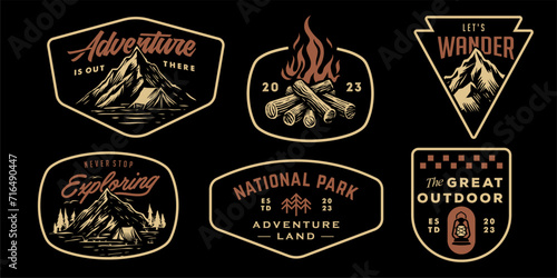 hipster mountain rustic badge design for t-shirt. set collection of vintage adventure badge. Camping emblem logo with mountain illustration in retro style isolated on black background