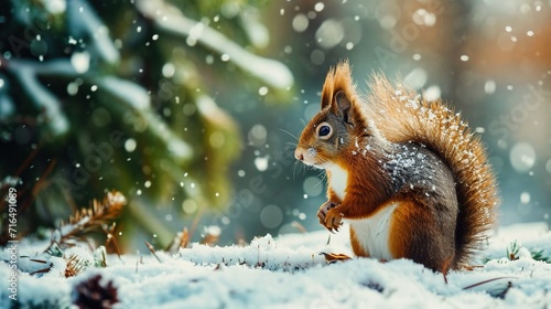 Beautiful squirrel on the snow, background of a pine forest and a squirrel. Created with Generative Ai technology. © Viktor