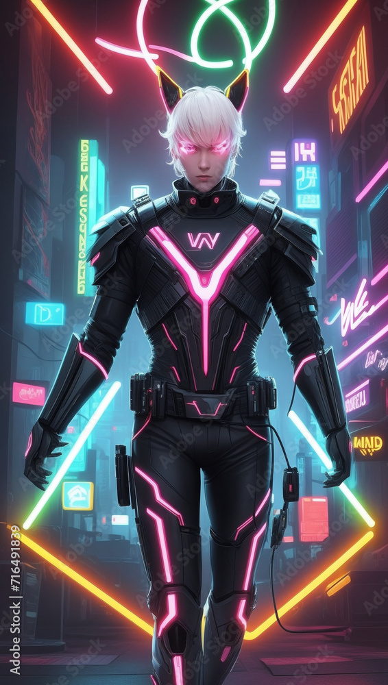 Cyberpunk anime boy futuristic neon light city at dawn, generative ai