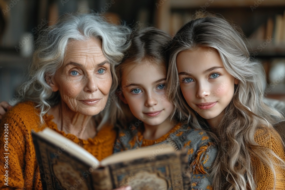 Grandmother, mother and granddaughter share a beautiful moment while reading together on the sofa.