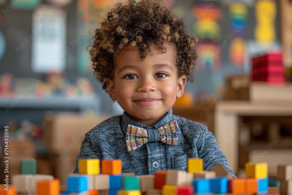 The boy participates in educational games, purposefully and creatively collecting multi-colored cubes at home. The boy participates in educational games, purposefully and creatively collecting multi-colored cubes at home.