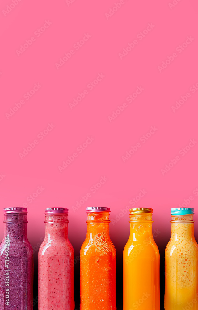 Healthy smoothies in glass bottles pattern on a pastel pink background. Diet and fitness concept with copy space. Healthy smoothies in glass bottles pattern on a pastel pink background. Diet and fitness concept with copy space.