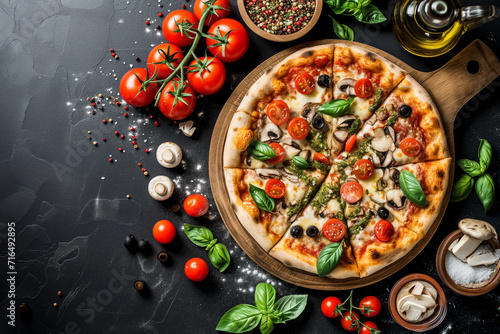 Pizza with meat, cheese and tomatoes on a dark background.