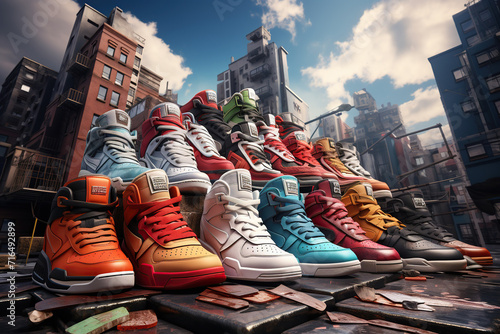 A colorful assortment of sneakers stacks high above an urban street, symbolizing a promotional sale in a bustling city environment. photo