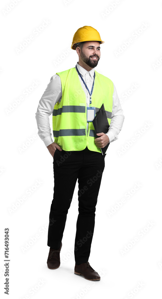 Engineer in hard hat holding clipboard on white background Engineer in hard hat holding clipboard on white background
