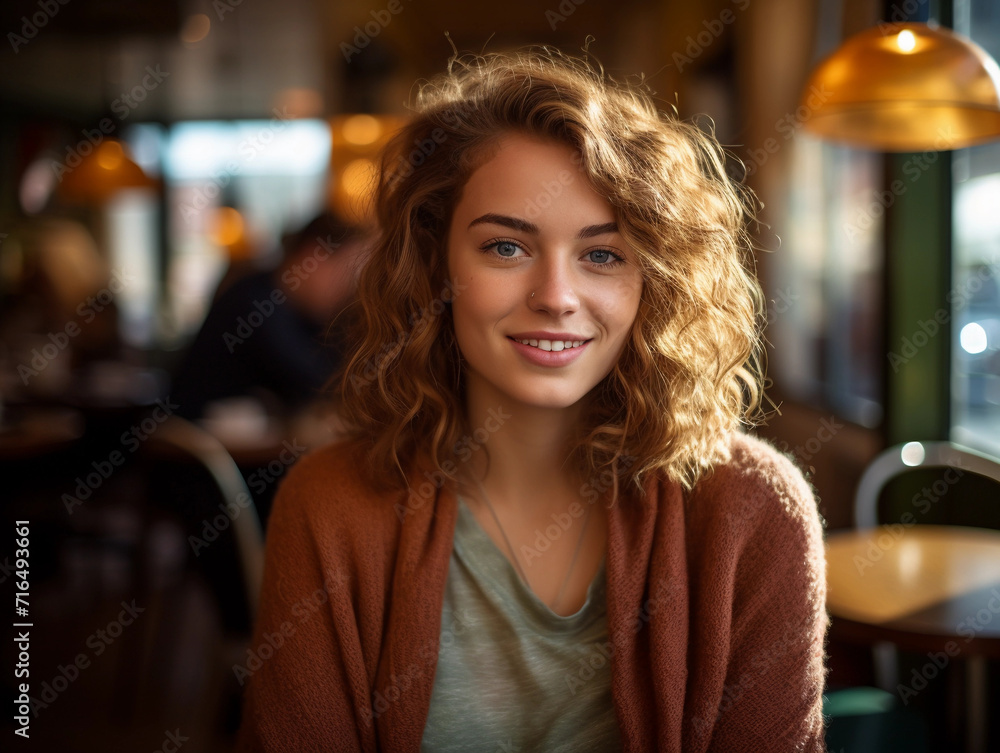 Smiling Woman Sitting at Table, Enjoying a Moment of Happiness Smiling Woman Sitting at Table, Enjoying a Moment of Happiness