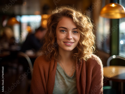 Smiling Woman Sitting at Table, Enjoying a Moment of Happiness