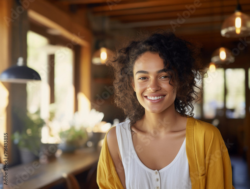 Smiling Woman Stands in Kitchen, Directly Facing the Camera