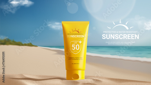 Sunscreen ad banner template. Banner with tube of sunscreen on beach sand with sunny sea shore on background. Vector 3d ad illustration for promotion of summer goods and cosmetics.