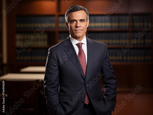 Businessman Standing in Front of Bookcase in Suit and Tie