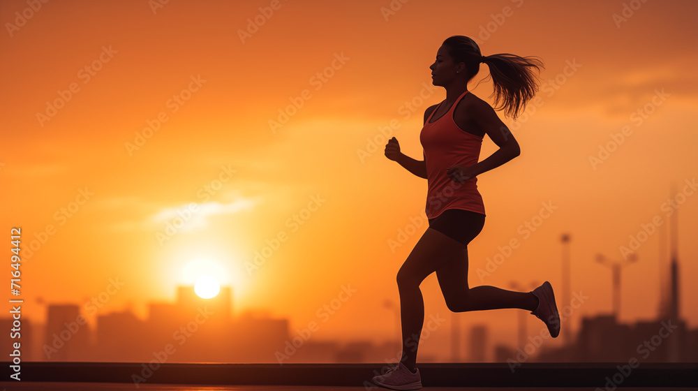 long shot of a woman facing right starting her workout checking her watch at dawn running on a horizon, 