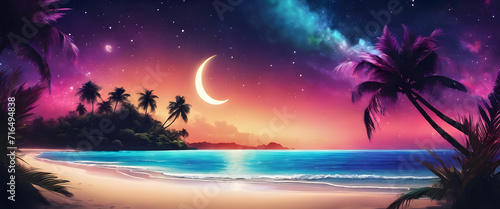 Serene Beach Paradise  Crystal Clear Waters  Moon Night  Colorful Dream Sky  High Contrast  Saturated Colors  Tropical Palm Trees  Dream World Destination  Seascape Fantasy.