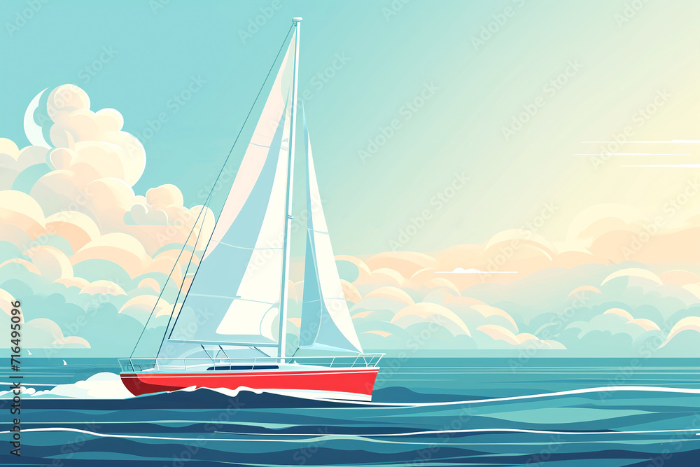 Red yacht with white sail sails on waves at sunset. Horizon with clouds in the background. Summer sea vacation on ocean.