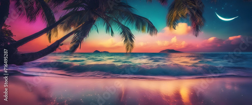 Serene Beach Paradise: Crystal Clear Waters, Moon Night, Colorful Dream Sky, High Contrast, Saturated Colors, Tropical Palm Trees, Dream World Destination, Seascape Fantasy.