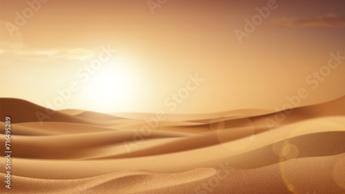 Realistic desert landscape with sunshine. Beautiful view on realistic sand dunes with sunset or sunrise. 3d vector illustration of sandy desert. Template of decoration summer events, sale. photo