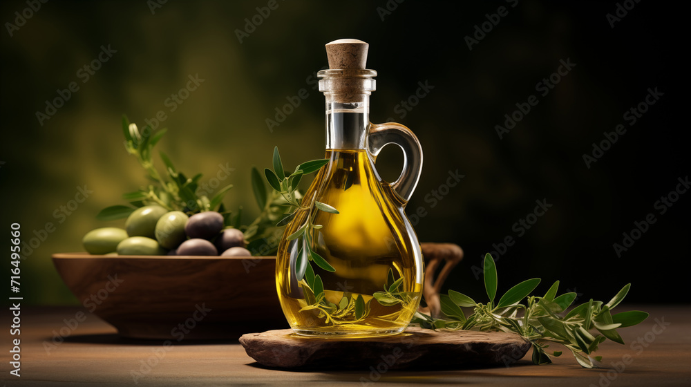 Italian olive oil in a beautiful bottle, on a dark background Italian olive oil in a beautiful bottle, on a dark background