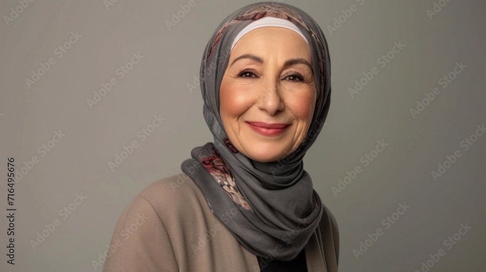 Graceful aging captured as a smiling Muslim senior woman showcases ...