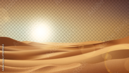 Realistic desert landscape isolated on checkered background. Beautiful view on realistic sand dunes. 3d vector illustration of sandy desert with sunset or sunrise. Template of decoration summer events