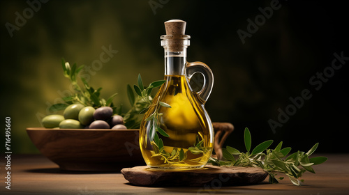 Italian olive oil in a beautiful bottle, on a dark background