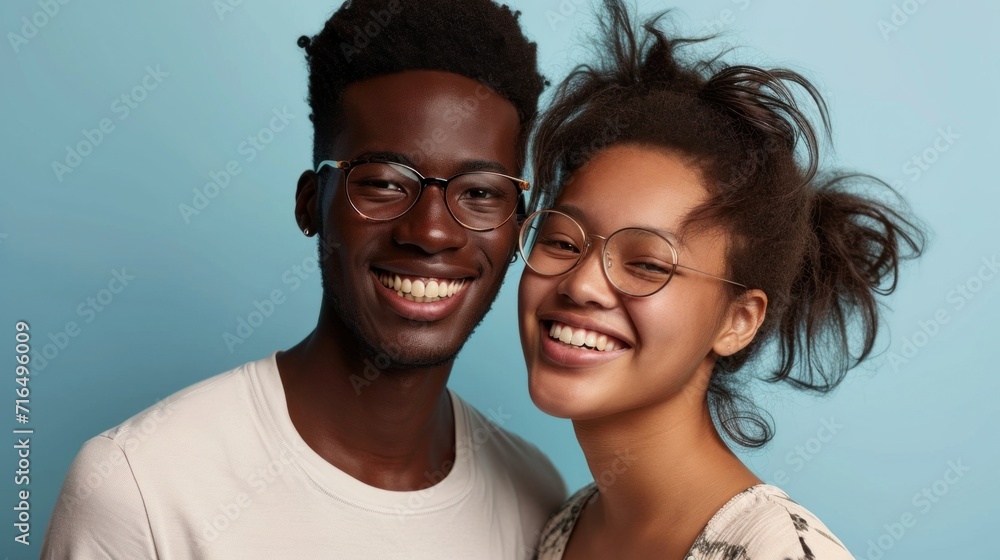 Stylishly posed young couple expresses happiness in a studio. Stylishly posed young couple expresses happiness in a studio.