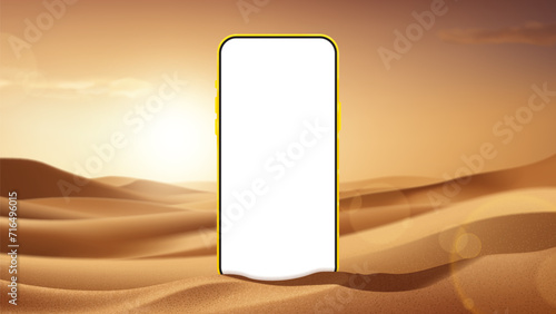 Banner for summer sale concept. Banner with smartphone on desert sand with empty horizon. Vector 3d ad illustration for promotion of summer goods and products. Phone mockup. Realistic desert landscape