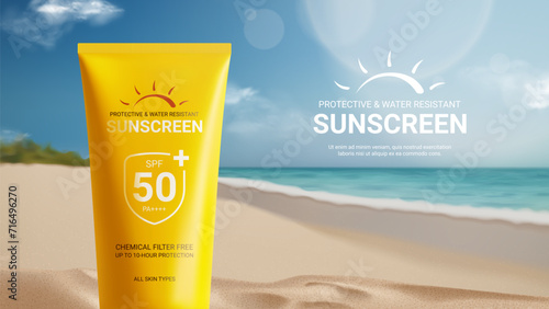 Sunscreen ad banner template. Banner with tube of sunscreen on beach sand with sunny sea shore on background. Vector 3d ad illustration for promotion of summer goods and cosmetics.