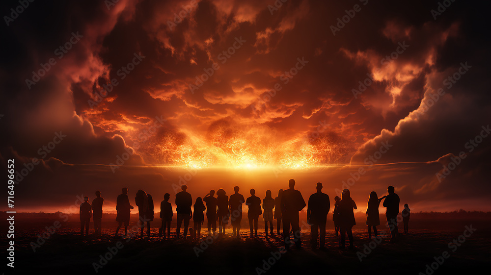 silhouettes of a group of people against the background of a nuclear explosion on the horizon, abstract fictional graphics, apocalypse threat of destruction concept - obrazy, fototapety, plakaty 