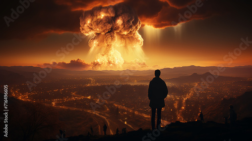 silhouettes of a group of people against the background of a nuclear explosion on the horizon, abstract fictional graphics, apocalypse threat of destruction concept