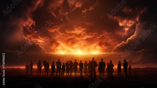 Canvas-taulu silhouettes of a group of people against the background of a nuclear explosion o