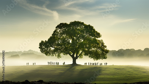 tree of life, green nature background, landscape with a large tree with a sprawling large green crown and a group of people nearby, a row of silhouettes. eco concept nature protection