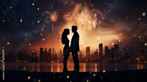 the silhouette of a couple in love against the background of a night fireworks in the sky above the city, a panoramic view of sparklers in the sky, the newlyweds copy space