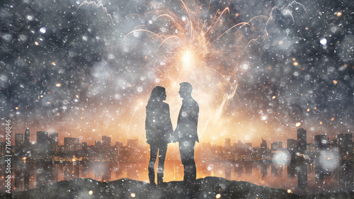 silhouette of a couple in love on the background of Christmas fireworks, abstract blurred background snowflakes winter holiday, newlyweds copy space blank