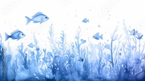 coral reef underwater, blue watercolor illustration, fish and corals ocean nature, cartoon image on white background