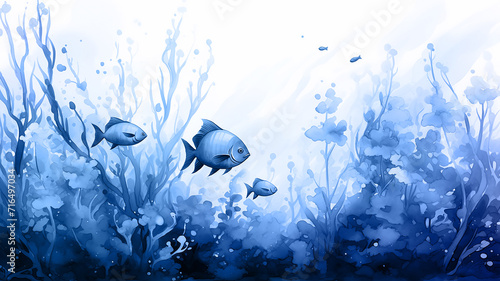 coral reef underwater, blue watercolor illustration, fish and corals ocean nature, cartoon image on white background