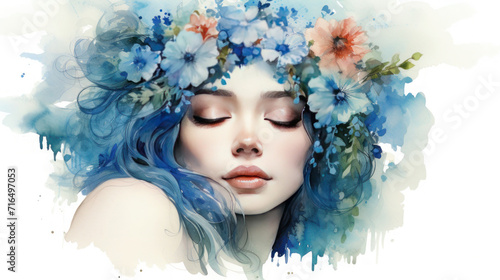 Watercolor portrait of a beautiful female face with closed eyes and a wreath on her head with bright wildflowers intertwined with blue hair