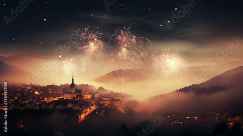 fireworks over the city panoramic view of the sky with fireworks flashes, abstract festive letterhead