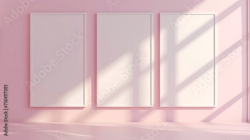 Three Blank White Frames Displayed on a Soft Pink Wall with Elegant Shadows - Ideal for Artwork and Poster Mockups