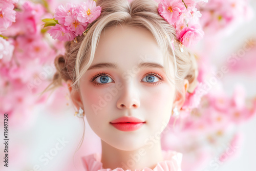 Portrait of Beautiful blonde woman near blooming pink sakura