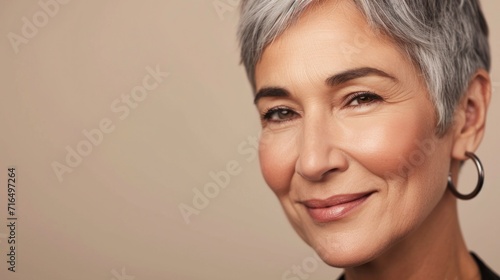 A joyful elderly woman with wrinkles and chic grey hair in a well-lit studio.